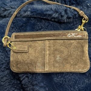 Coach Brown Suede Wristlet Clutch with Glossy Trim